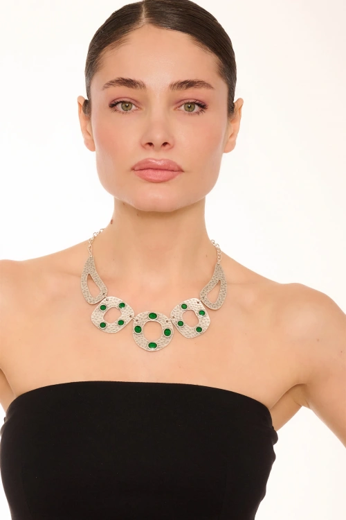 Kiraz Green Enameled Silver Plated Necklace