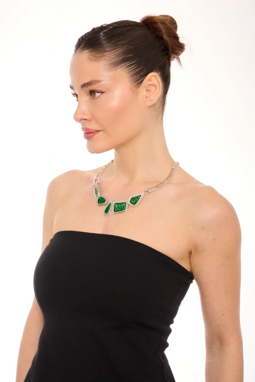 Kiraz Green Enameled Silver Plated Necklace