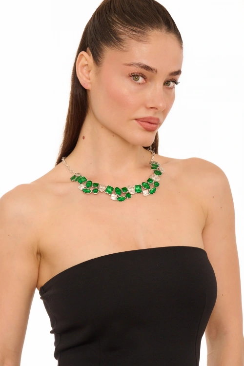 Kiraz Green Enameled Silver Plated Necklace