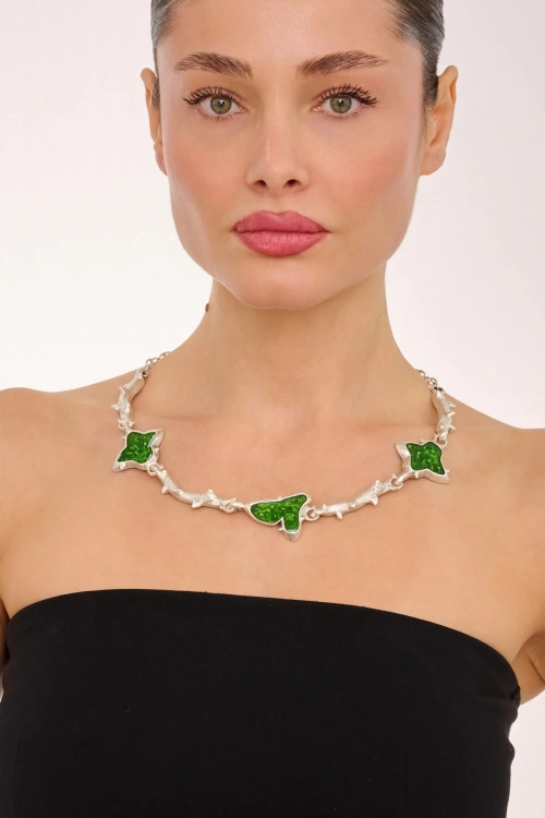 Kiraz Green Enameled Silver Plated Necklace