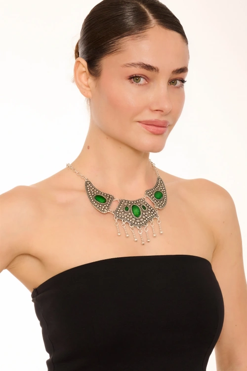 Kiraz Green Enameled Silver Plated Necklace