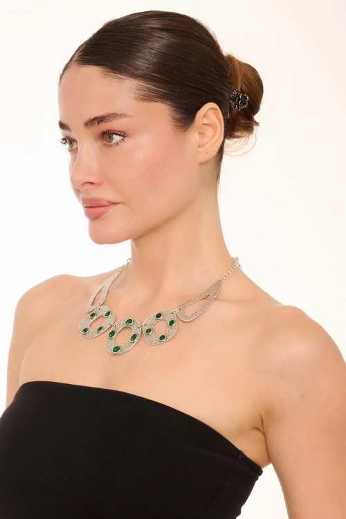 Kiraz Green Enameled Silver Plated Necklace