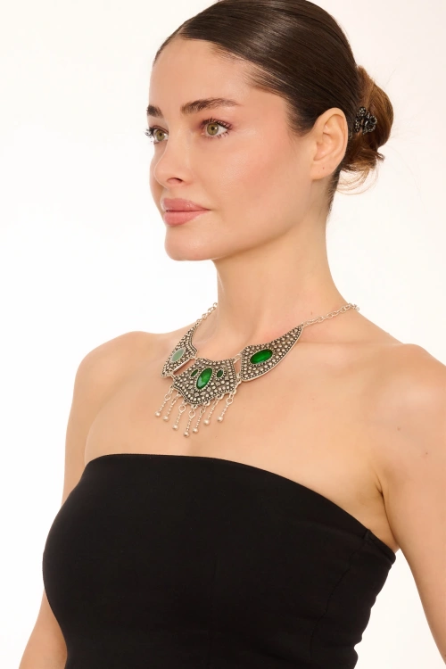 Kiraz Green Enameled Silver Plated Necklace