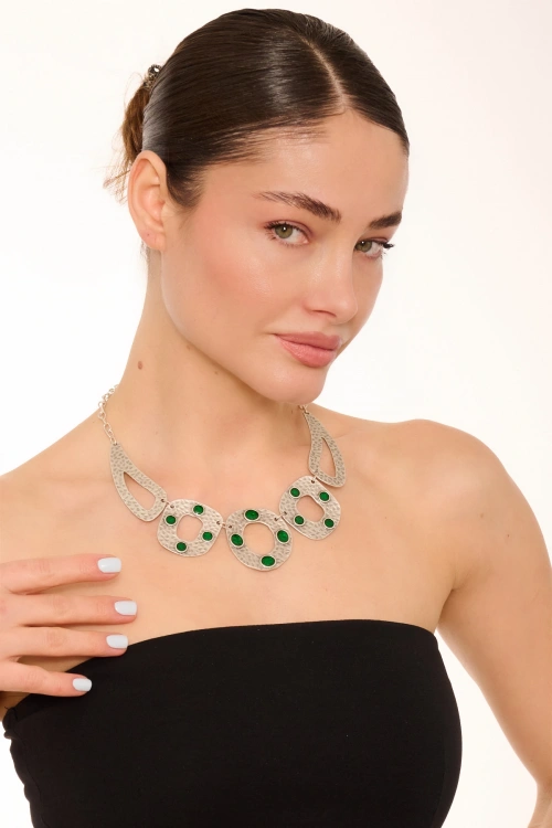 Kiraz Green Enameled Silver Plated Necklace