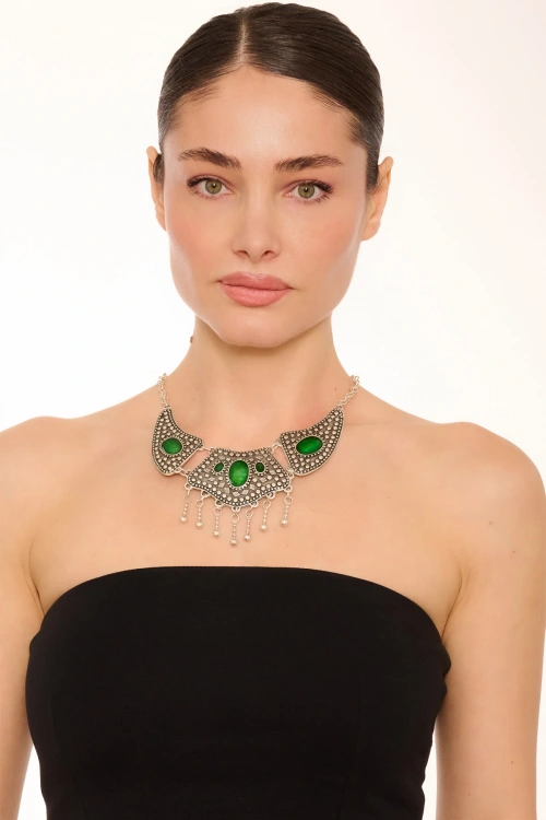 Kiraz Green Enameled Silver Plated Necklace