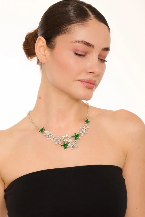 Kiraz Green Enameled Silver Plated Star Necklace