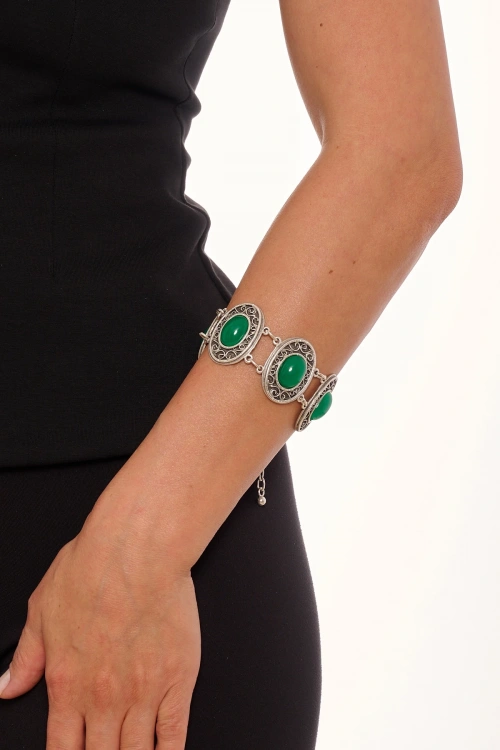 Kiraz Green Stoned Silver Plated Bracelet