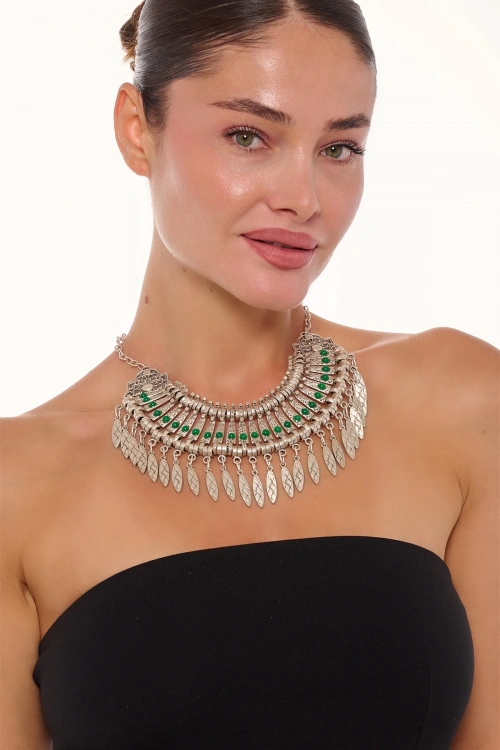 Kiraz Green Stoned Cleopatra Silver Plated Necklace