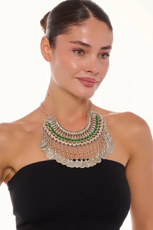 Kiraz Green Stoned Cleopatra Silver Plated Necklace