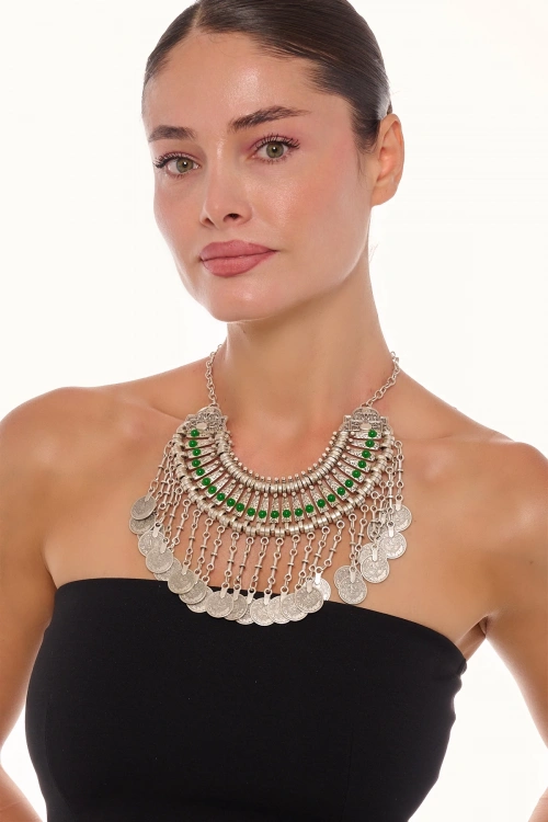 Kiraz Green Stoned Cleopatra Silver Plated Necklace