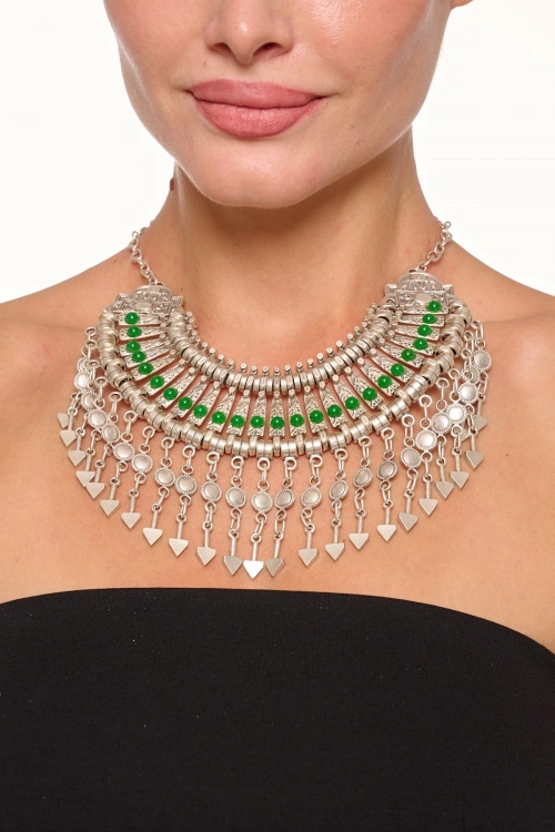Kiraz Green Stoned Cleopatra Silver Plated Necklace