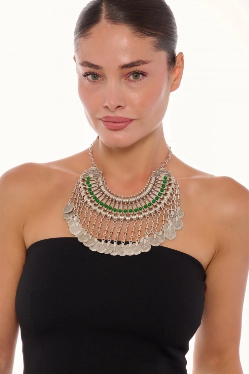 Kiraz Green Stoned Cleopatra Silver Plated Necklace