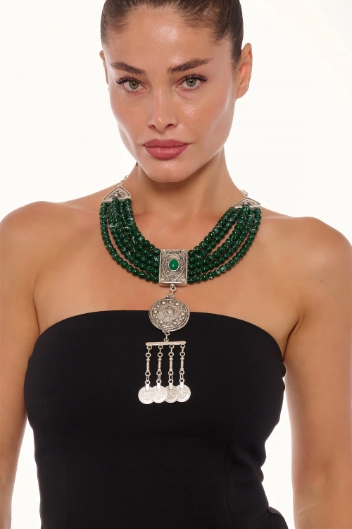 Kiraz Green Stoned Silver Plated Necklace