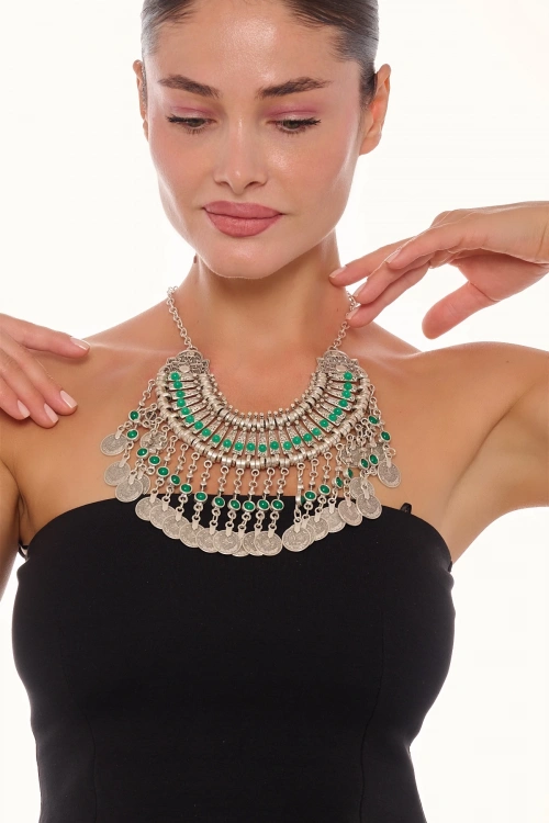 Kiraz Green Stoned Cleopatra Silver Plated Necklace
