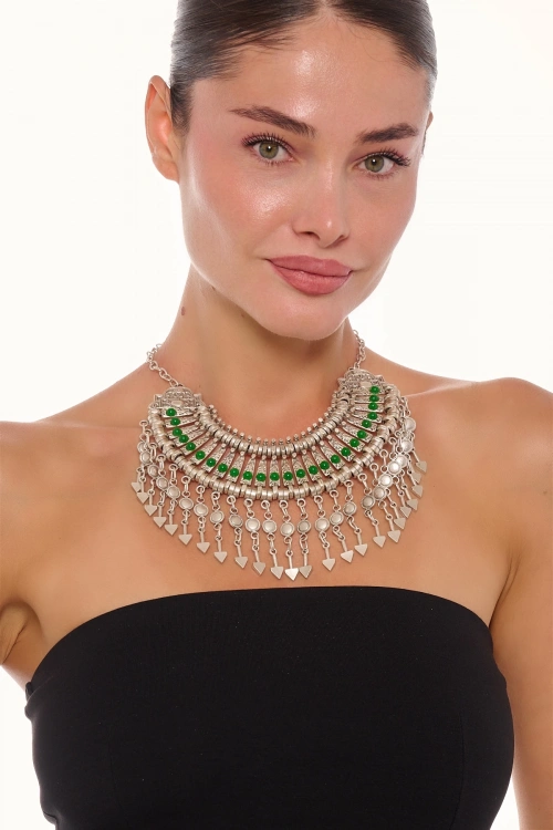 Kiraz Green Stoned Cleopatra Silver Plated Necklace