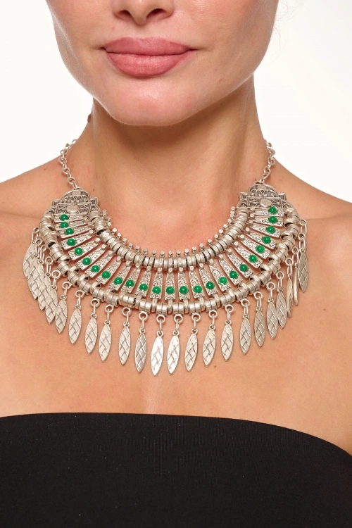 Kiraz Green Stoned Cleopatra Silver Plated Necklace