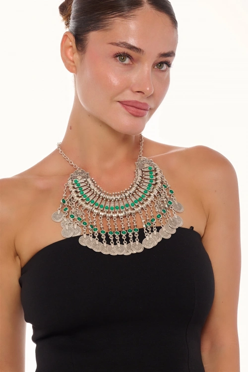 Kiraz Green Stoned Cleopatra Silver Plated Necklace