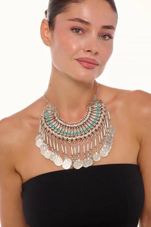 Kiraz Turquoise Stoned Cleopatra Silver Plated Necklace