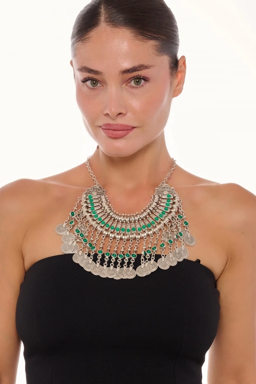 Kiraz Green Stoned Cleopatra Silver Plated Necklace
