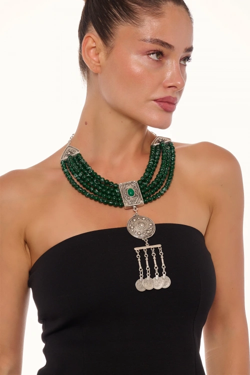 Kiraz Green Stoned Silver Plated Necklace