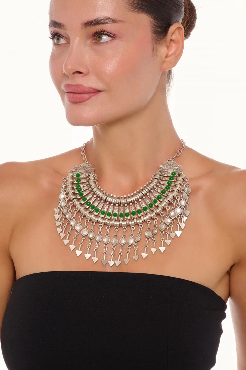 Kiraz Green Stoned Cleopatra Silver Plated Necklace