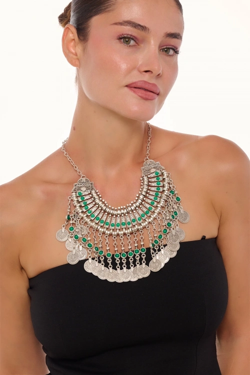 Kiraz Green Stoned Cleopatra Silver Plated Necklace