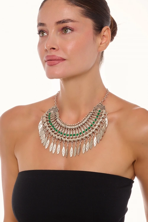 Kiraz Green Stoned Cleopatra Silver Plated Necklace