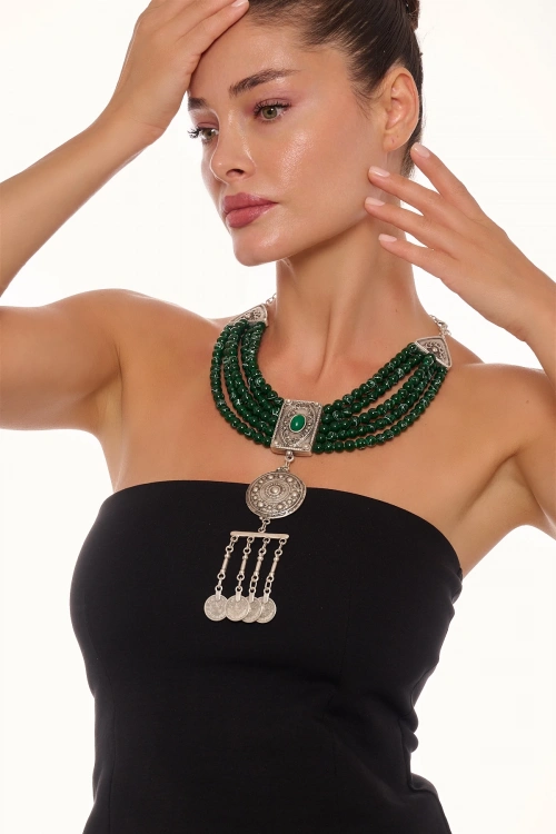 Kiraz Green Stoned Silver Plated Necklace