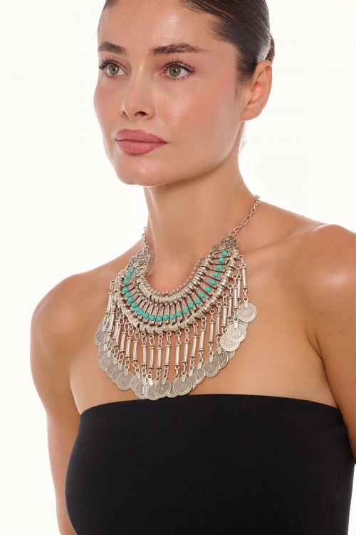 Kiraz Turquoise Stoned Cleopatra Silver Plated Necklace