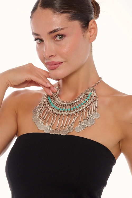 Kiraz Turquoise Stoned Cleopatra Silver Plated Necklace