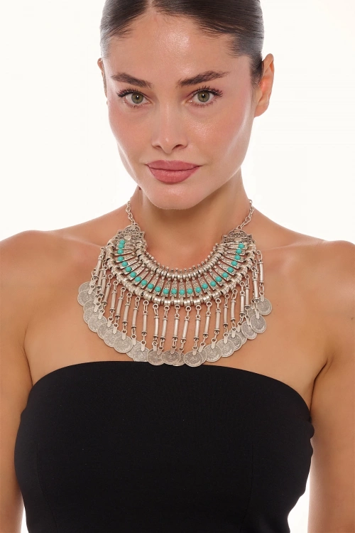 Kiraz Turquoise Stoned Cleopatra Silver Plated Necklace