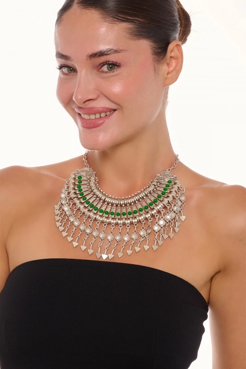 Kiraz Green Stoned Cleopatra Silver Plated Necklace