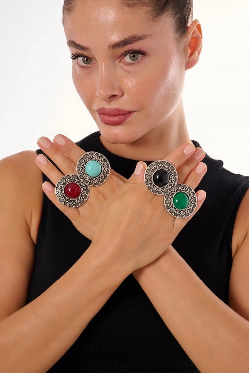 Kiraz Burgundy Stoned Silver Plated Ring