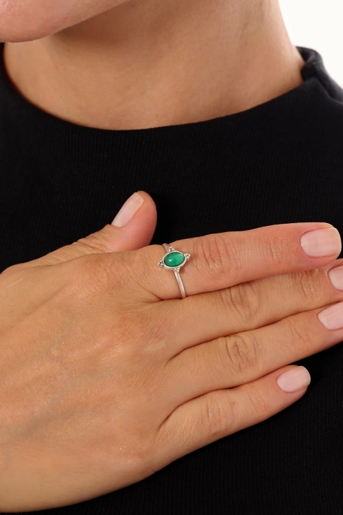Kiraz Green Stoned Silver Plated Ring
