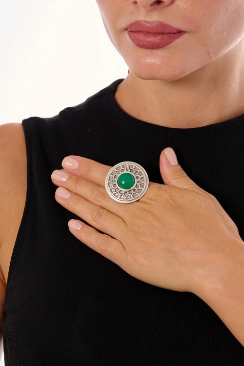 Kiraz Green Stoned Silver Plated Ring