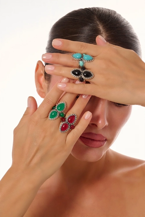 Kiraz Green Stoned Silver Plated Ring