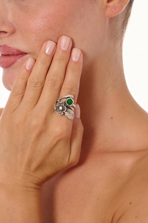 Kiraz Green Stoned Silver Plated Ring