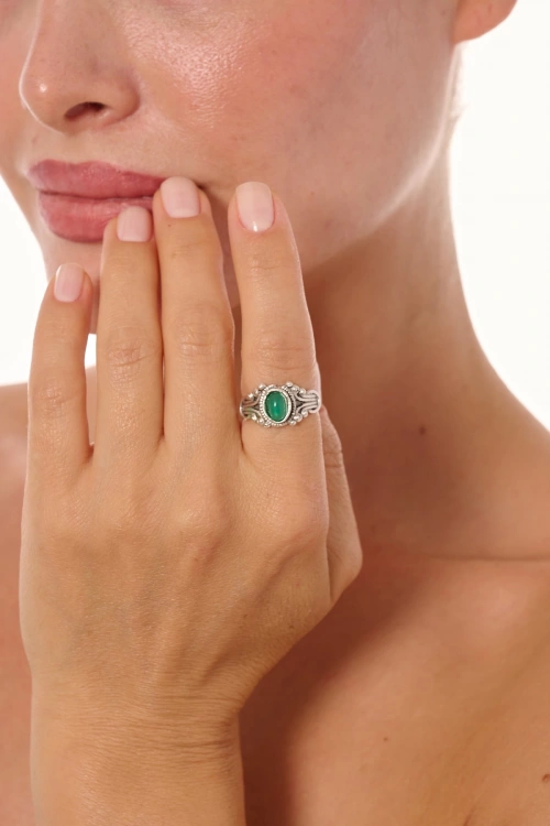 Kiraz Green Stoned Silver Plated Ring