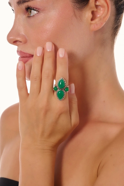 Kiraz Green Stoned Silver Plated Ring