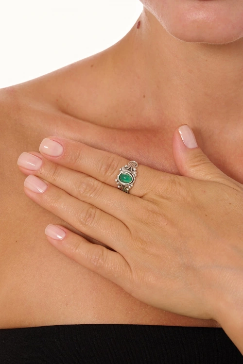 Kiraz Green Stoned Silver Plated Ring