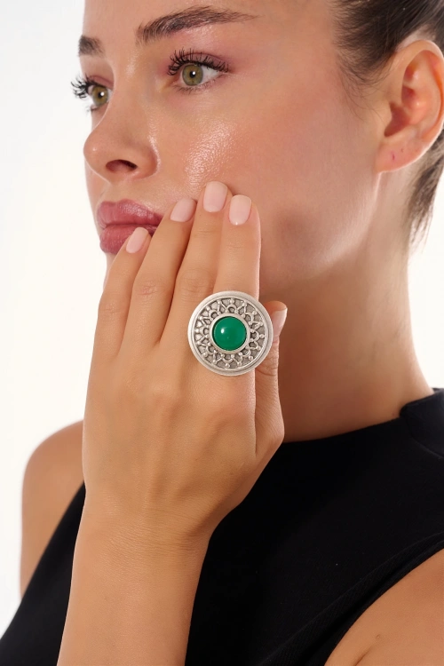Kiraz Green Stoned Silver Plated Ring