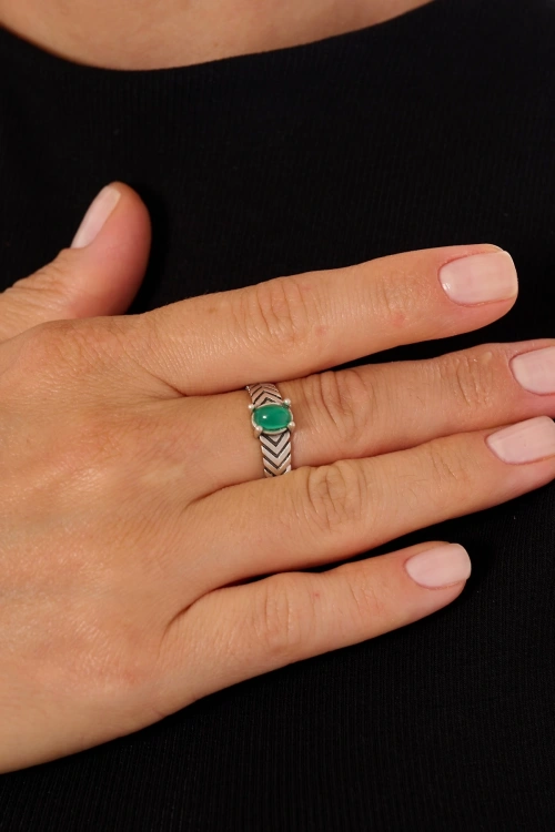 Kiraz Green Silver Stoned Plated Ring