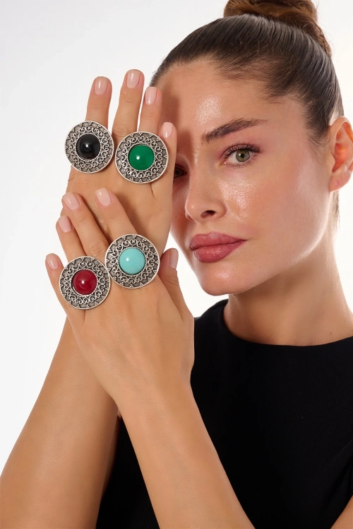 Kiraz Burgundy Stoned Silver Plated Ring