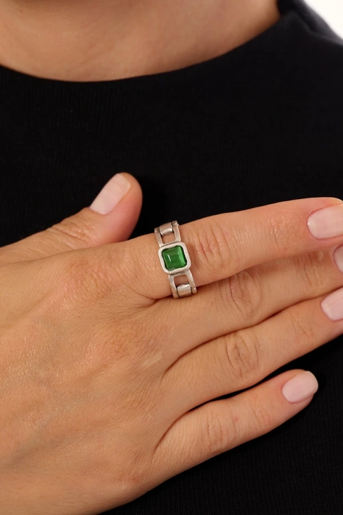 Kiraz Green Stoned Silver Plated Ring