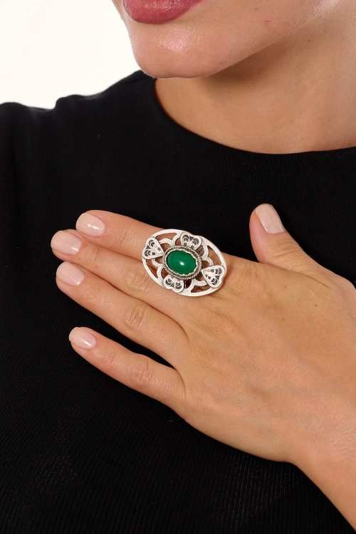 Kiraz Green Stoned Silver Plated Ring