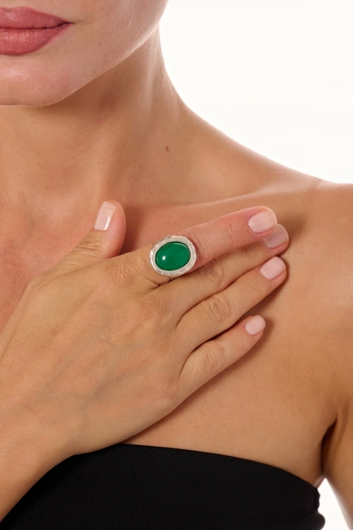 Kiraz Green Stoned Silver Plated Ring