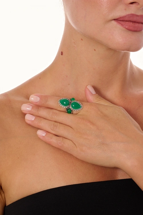 Kiraz Green Stoned Silver Plated Ring