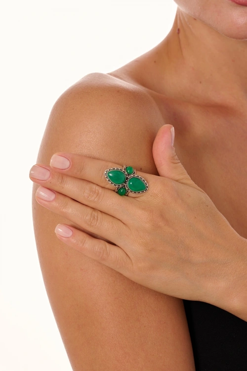 Kiraz Green Stoned Silver Plated Ring