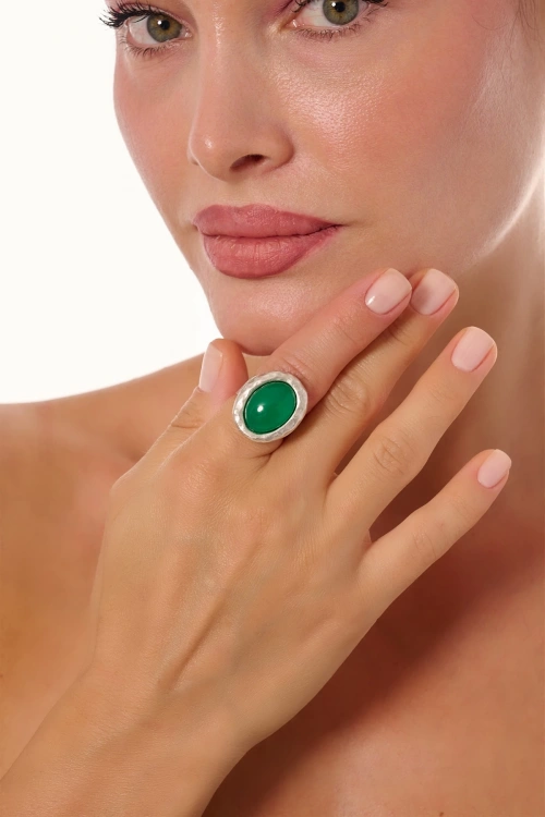 Kiraz Green Stoned Silver Plated Ring