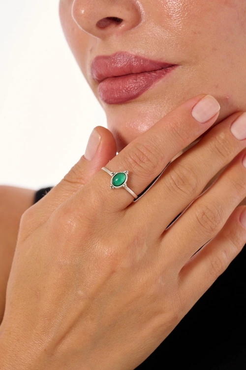 Kiraz Green Stoned Silver Plated Ring